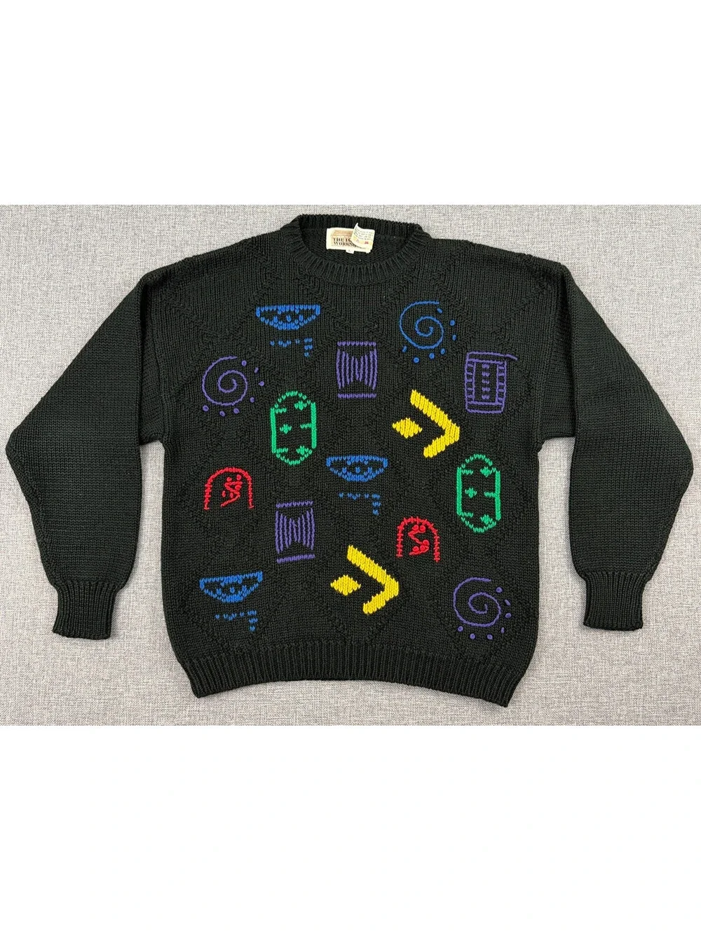Vintage Abstract Geometric Black Raised Knit Sweater Size M The Import Workshop